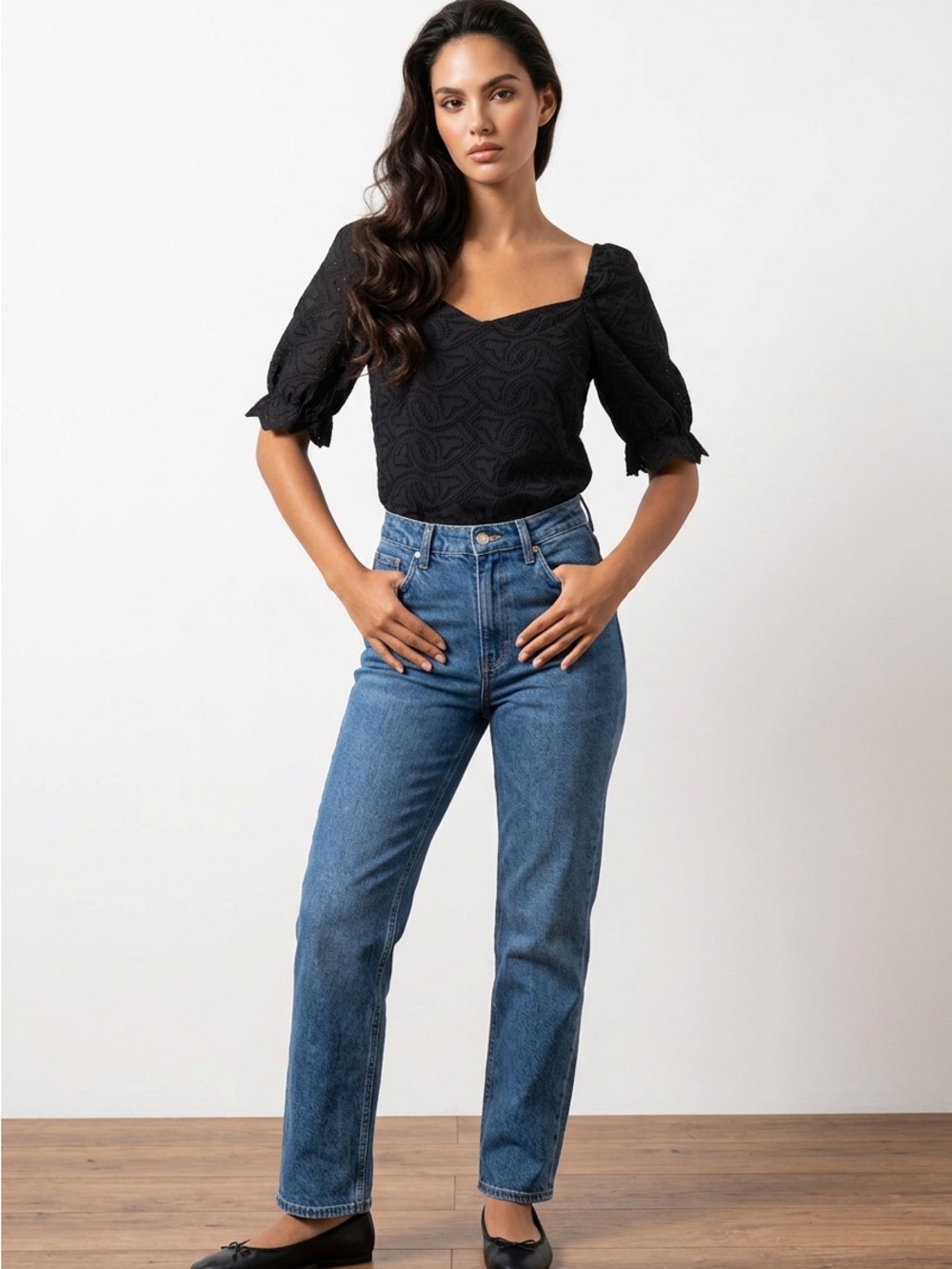 Square-Neck Puff Sleeve Blouse - Black